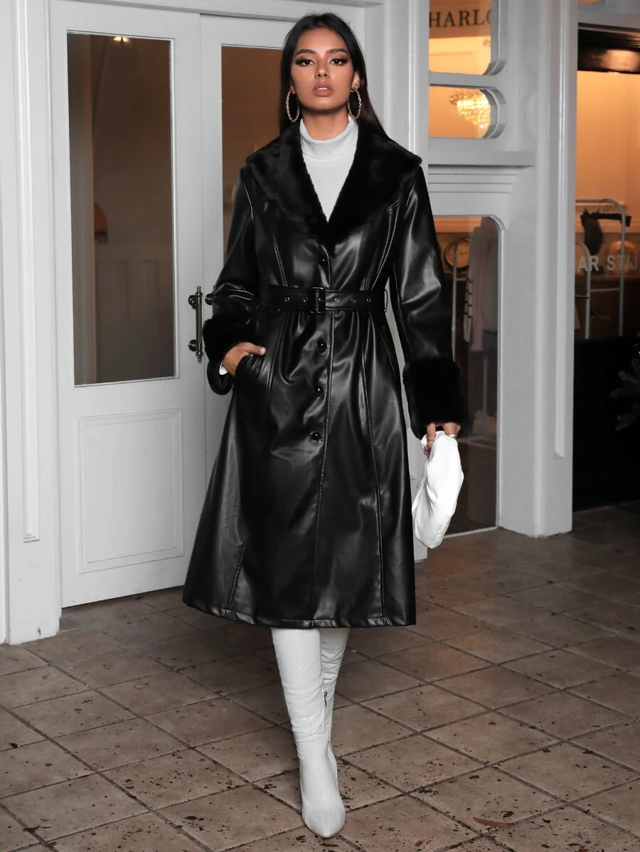Fuzzy Cuff Belted PU Coat - Black - View 1