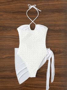 SHEIN Swim 紋理質感十字交叉鏤空連體泳衣和透視網紗沙灘半身裙 - 白色 - 查看 2