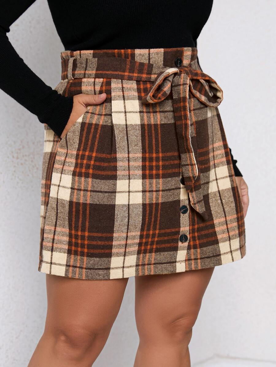 SHEIN Privé Plus Plaid Fake Button Belted Skirt - Multicolor - View 1