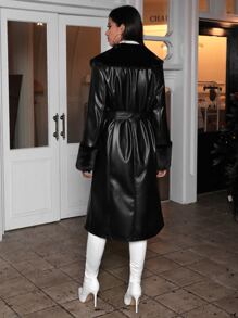 Fuzzy Cuff Belted PU Coat - Black - View 2