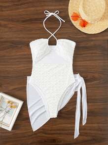 SHEIN Swim 紋理質感十字交叉鏤空連體泳衣和透視網紗沙灘半身裙 - 白色 - 查看 4