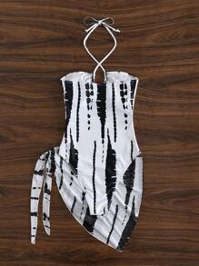 Swim Lushoire Summer Beach Random Tie Dye Cut Out Tie Back One Piece Swimsuit & Beach Skirt - Black and White - View 2