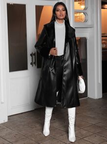 Fuzzy Cuff Belted PU Coat - Black - View 3