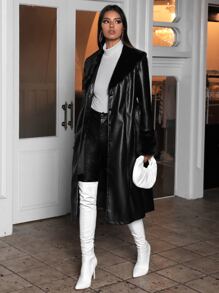 Fuzzy Cuff Belted PU Coat - Black - View 4