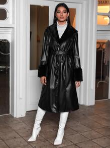 Fuzzy Cuff Belted PU Coat - Black - View 5