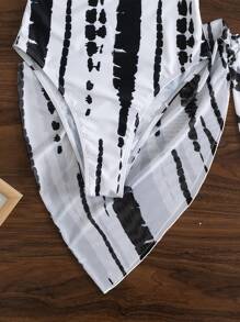 Swim Lushoire Summer Beach Random Tie Dye Cut Out Tie Back One Piece Swimsuit & Beach Skirt - Black and White - View 4
