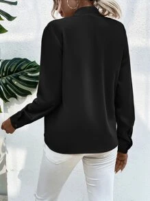 SHEIN LUNE Solid Fold Pleated Blouse - Black - View 2