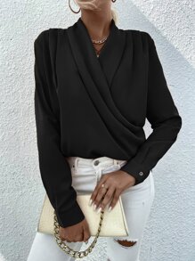SHEIN LUNE Solid Fold Pleated Blouse - Black - View 3
