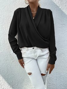 SHEIN LUNE Solid Fold Pleated Blouse - Black - View 5