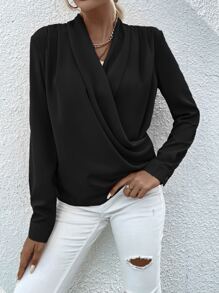 SHEIN LUNE Solid Fold Pleated Blouse - Black - View 6
