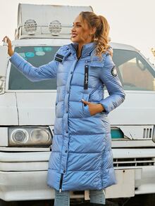 ZIAI 长袖连帽加厚外套，带口袋，亮面霓虹纯色，冬季 - 藍色 - 查看 2