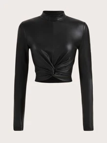 SHEIN ICON Twist Front Mock Neck PU Leather Tee - Black - View 1