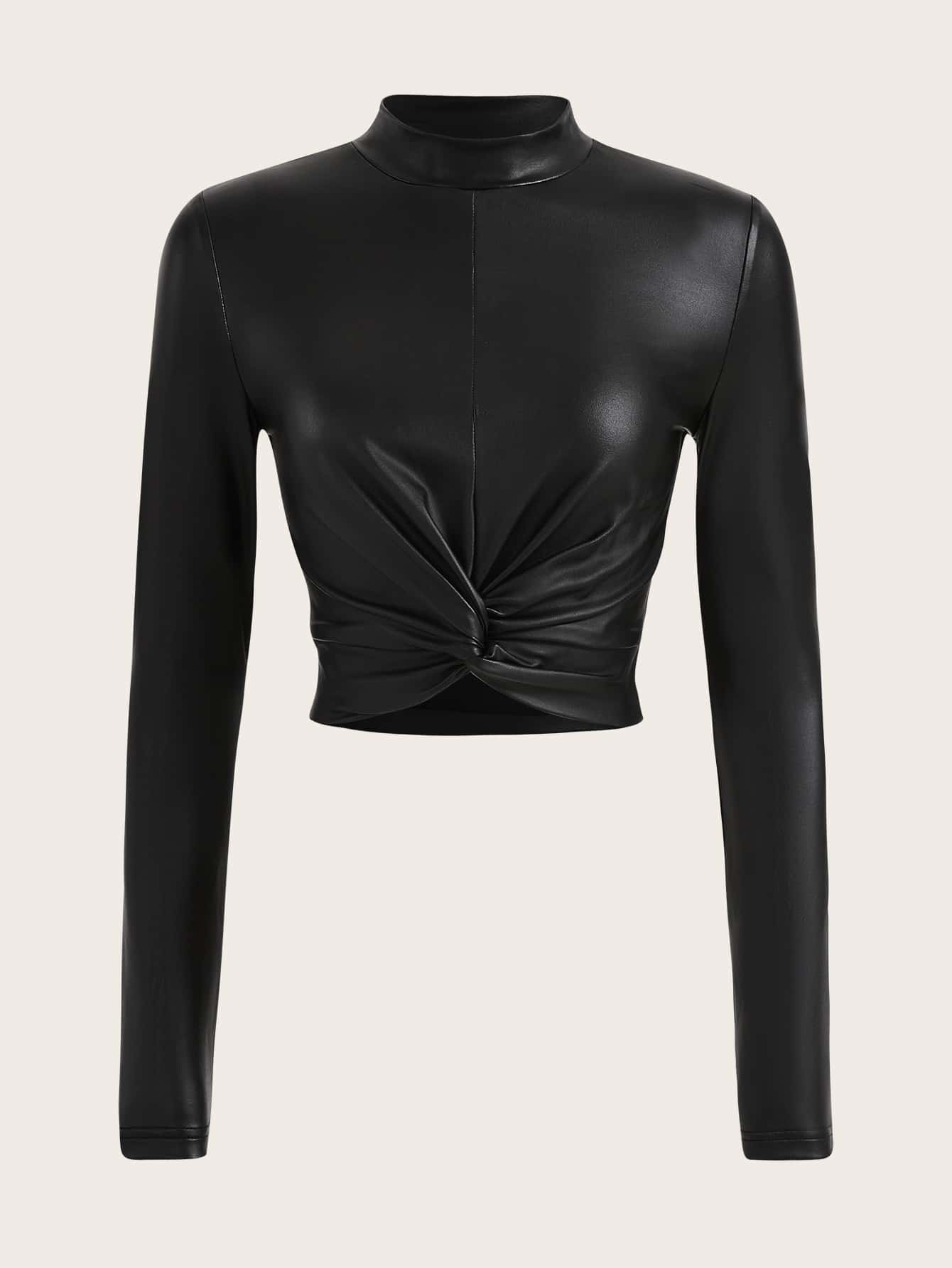 SHEIN ICON Twist Front Mock Neck PU Leather Tee - Black - View 1