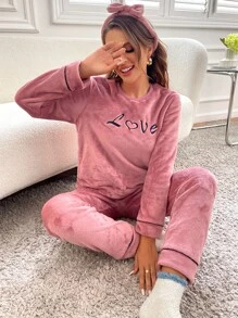 Letter Embroidery Flannel PJ Set & Headband - Pink - View 1