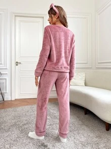 Letter Embroidery Flannel PJ Set & Headband - Pink - View 2