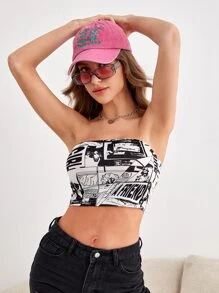 SHEIN ICON Áo nữ In nghệ thuật pop Gợi cảm - Đen và trắng - Xem 5