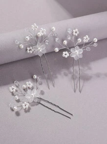 3pcs Flower & Faux Pearl Decor Bridal Hair Pin - Silver - View 1
