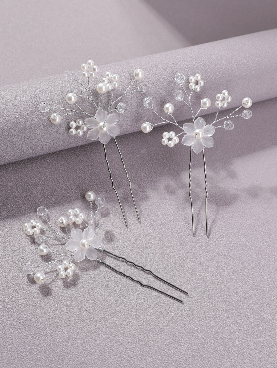 3pcs Flower & Faux Pearl Decor Bridal Hair Pin - Silver - View 1
