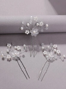 3pcs Flower & Faux Pearl Decor Bridal Hair Pin - Silver - View 2