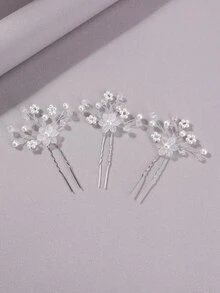 3pcs Flower & Faux Pearl Decor Bridal Hair Pin - Silver - View 3