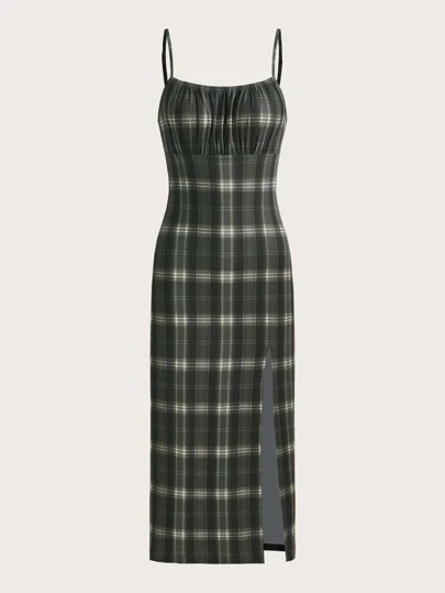 ROMWE PUNK Grunge Plaid Print Split Thigh Cami Dress