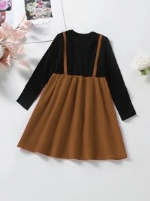 小女童雙色前蝴蝶結假兩件洋裝 - 彩色 - 查看 2