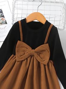 小女童雙色前蝴蝶結假兩件洋裝 - 彩色 - 查看 3