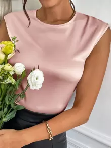 SHEIN Privé 素色無袖緞面襯衫 - 藕粉色 - 查看 3