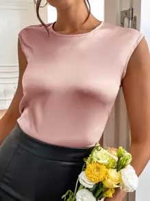 SHEIN Privé 素色無袖緞面襯衫 - 藕粉色 - 查看 4