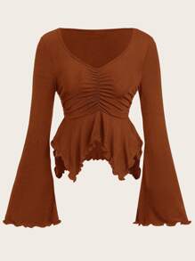 SHEIN ICON Flounce Sleeve Ruched Lettuce Trim Tee - Brown - View 1
