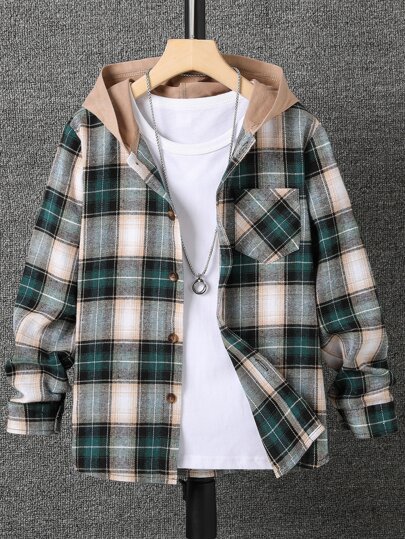 SHEIN Tween Boy Plaid Patched Pocket Hooded Shirt Without Tee