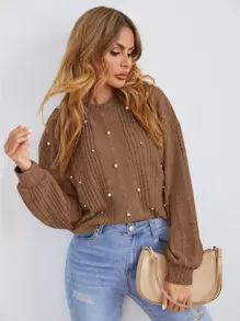 SHEIN LUNE 珍珠細節羅紋針織T恤 - 咖啡棕 - 查看 1