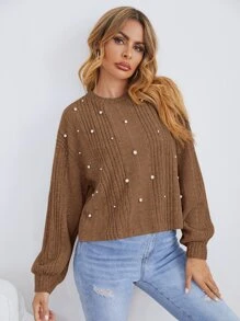 SHEIN LUNE 珍珠細節羅紋針織T恤 - 咖啡棕 - 查看 5