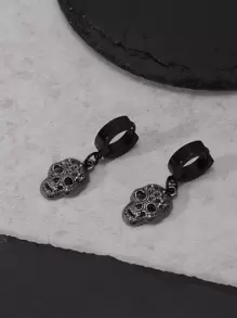 Fashionable And Popular 1pc Men Skull Drop Earrings, Stainless Steel Jewelry For Vacation And For A Stylish Look - Black - View 1