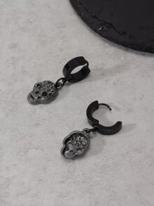 Fashionable And Popular 1pc Men Skull Drop Earrings, Stainless Steel Jewelry For Vacation And For A Stylish Look - Black - View 3