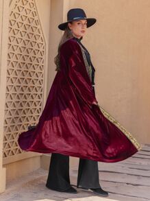 Plus Contrast Tape Drop Shoulder Velvet Coat - Maroon - View 2