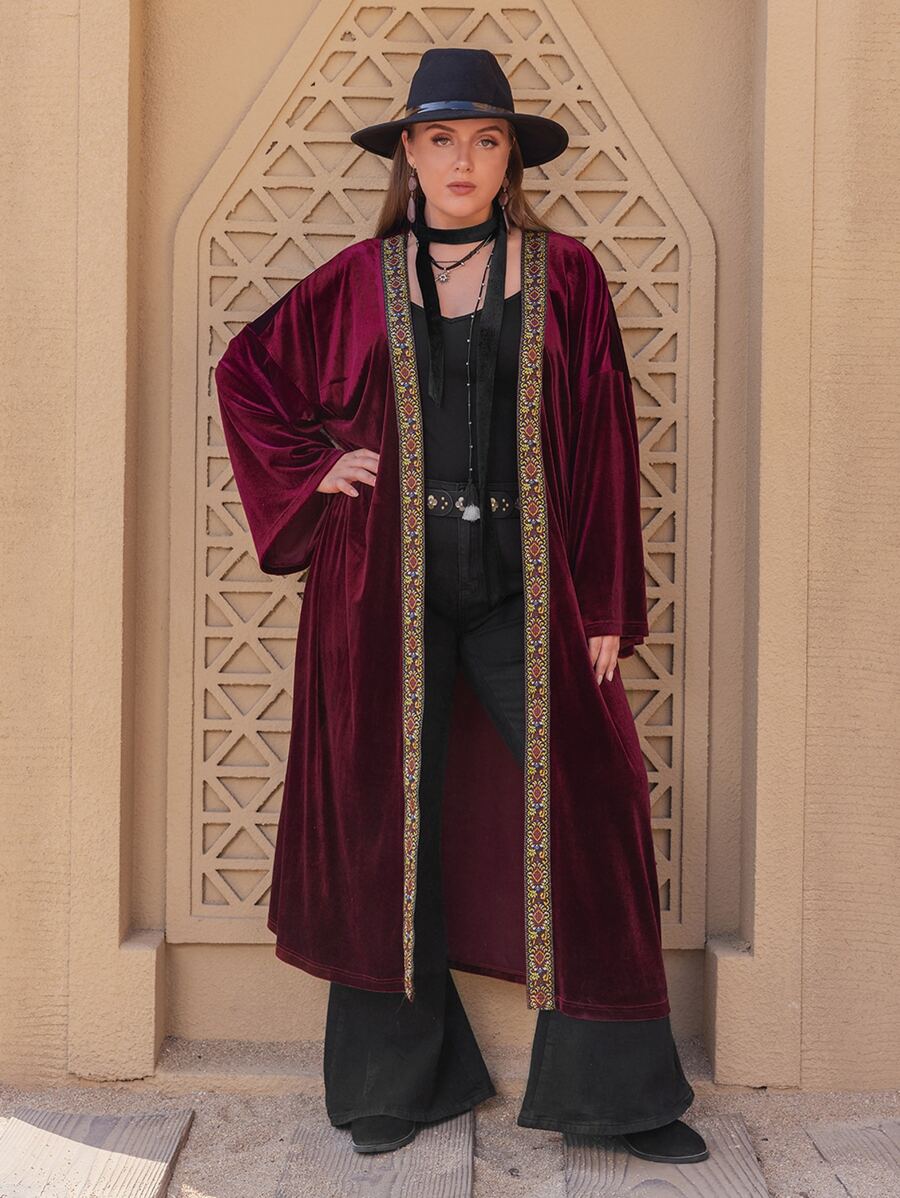 Plus Contrast Tape Drop Shoulder Velvet Coat - Maroon - View 1