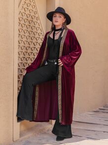 Plus Contrast Tape Drop Shoulder Velvet Coat - Maroon - View 3
