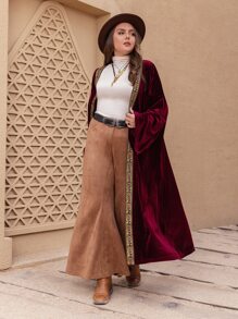 Plus Contrast Tape Drop Shoulder Velvet Coat - Maroon - View 4
