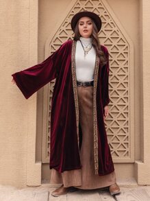 Plus Contrast Tape Drop Shoulder Velvet Coat - Maroon - View 5