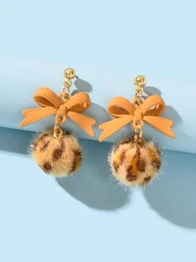 蝴蝶結&小絨球耳墜 - 棕色 - 查看 1