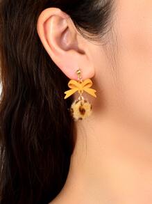 蝴蝶結&小絨球耳墜 - 棕色 - 查看 2