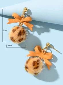 蝴蝶結&小絨球耳墜 - 棕色 - 查看 3