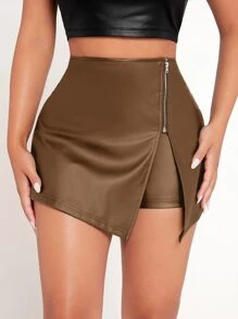 SHEIN PETITE Quần đùi nữ Dây kéo màu trơn Buổi tiệc - Cà phê nâu - Xem 1