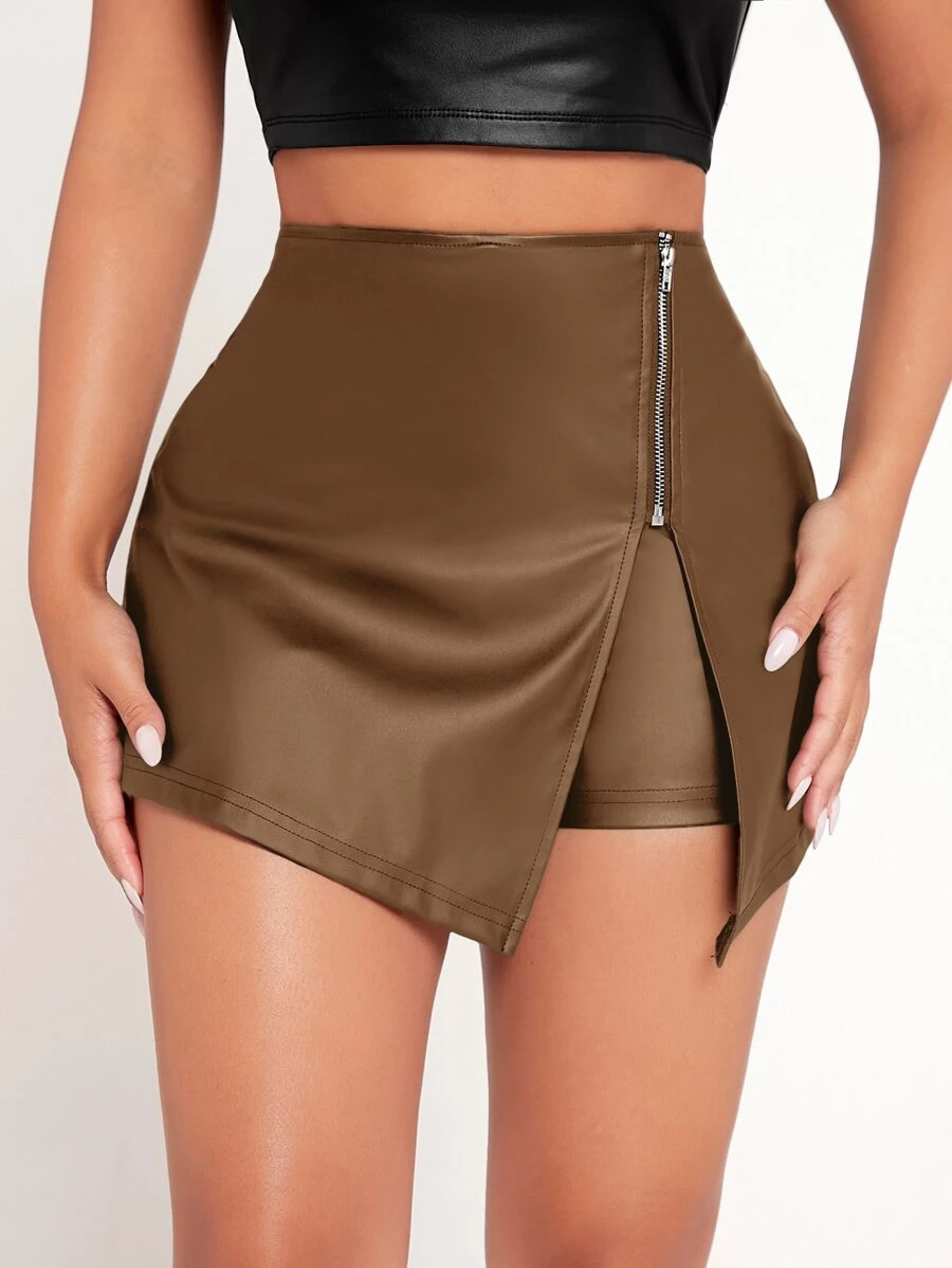 SHEIN PETITE Quần đùi nữ Dây kéo màu trơn Buổi tiệc - Cà phê nâu - Xem 1