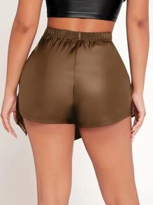 SHEIN PETITE Quần đùi nữ Dây kéo màu trơn Buổi tiệc - Cà phê nâu - Xem 2