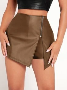 SHEIN PETITE Quần đùi nữ Dây kéo màu trơn Buổi tiệc - Cà phê nâu - Xem 3