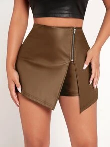SHEIN PETITE Quần đùi nữ Dây kéo màu trơn Buổi tiệc - Cà phê nâu - Xem 5