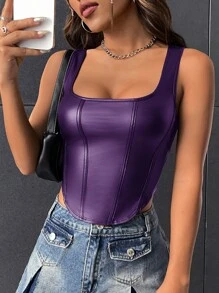 SHEIN BAE Square Neck Asymmetrical Hem PU Tank Top