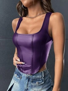 SHEIN BAE Square Neck Asymmetrical Hem PU Tank Top